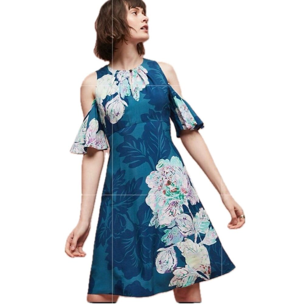 Anthropologie MaEve Elia Open Shoulder Watercolor Floral A-Line Midi Dress 2